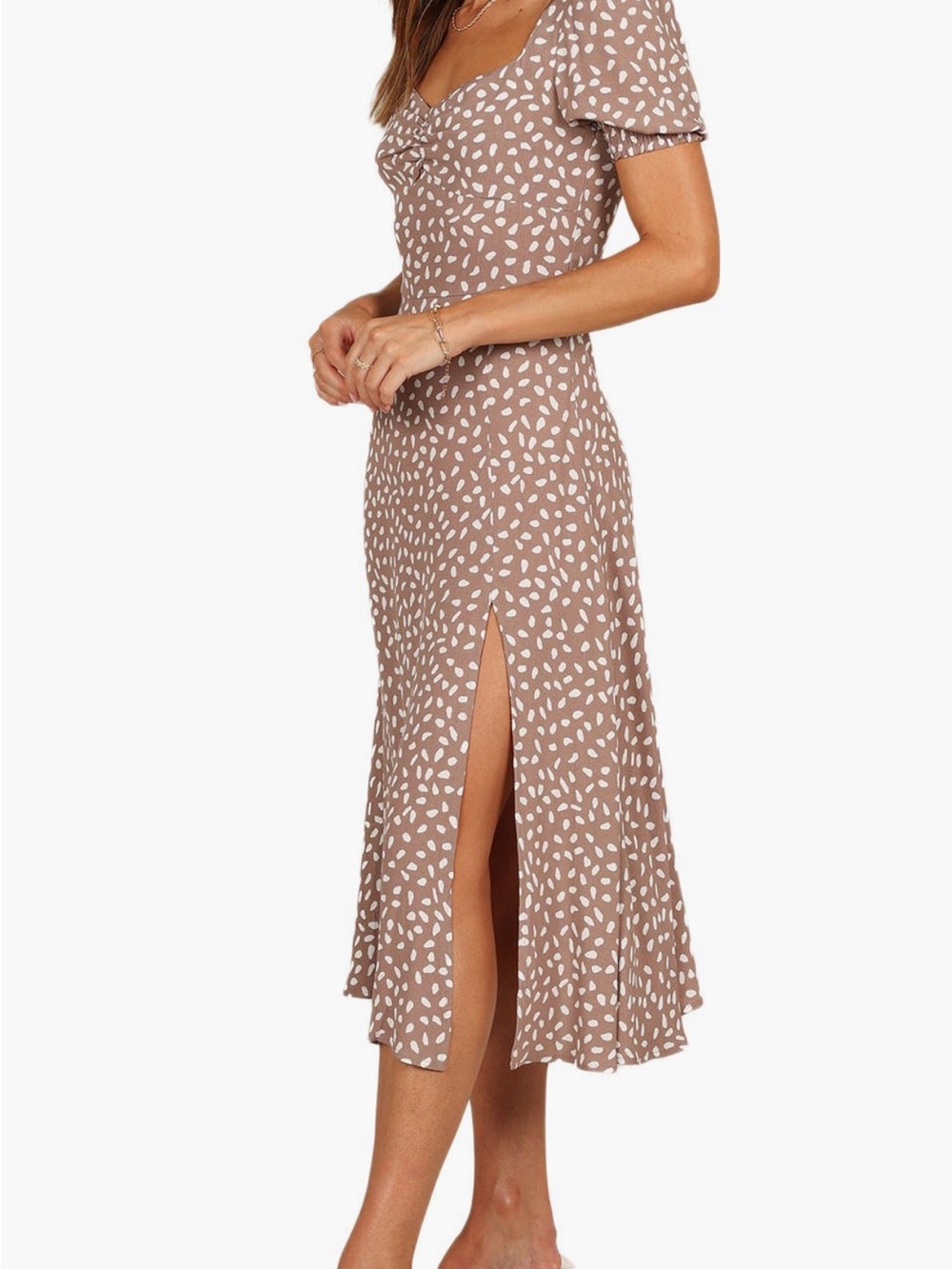Petal & Pup Taupe Midi Dress with White Leaf Print - Picture 3 of 6